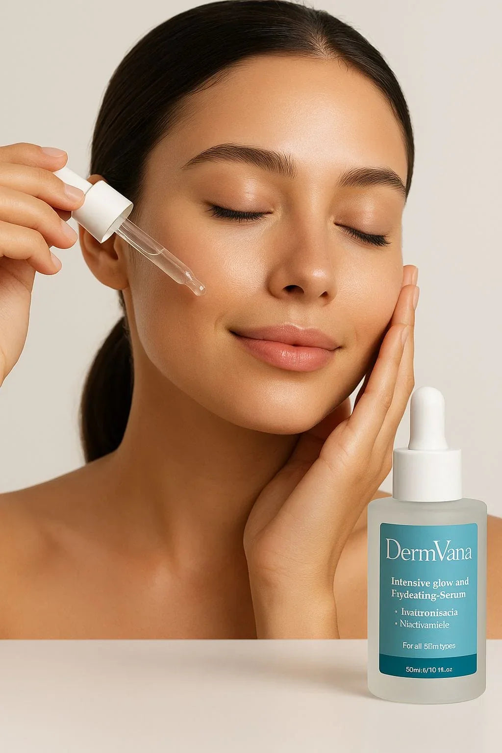 Woman applying DermVana serum to her face with a dropper bottle on a neutral background